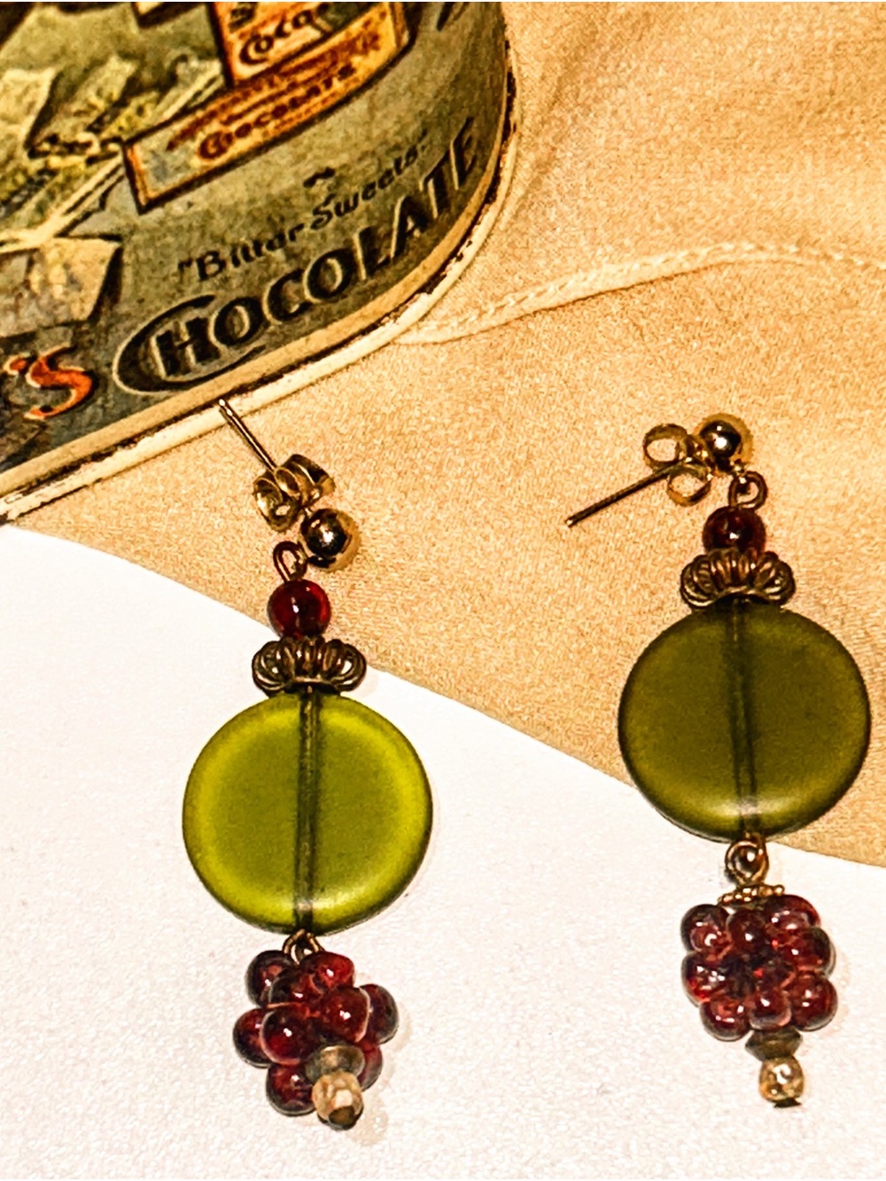 Gold-Tone Olive Green Glass Drop Earrings with Garnet Glass Bead Accents
